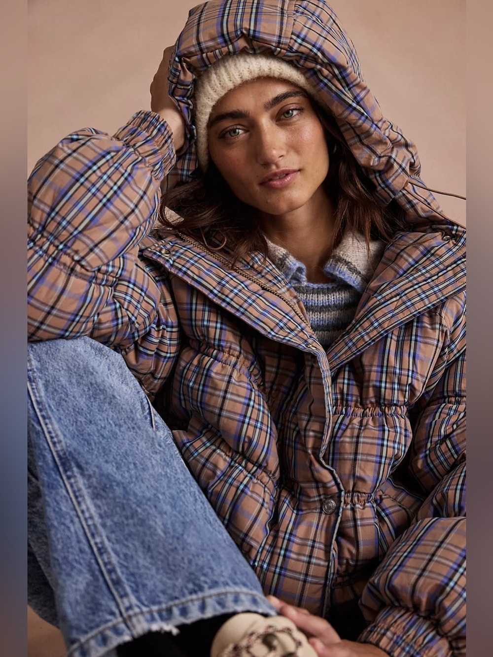 Free People • Party Of One Puffer in Tan Plaid  Check Combo